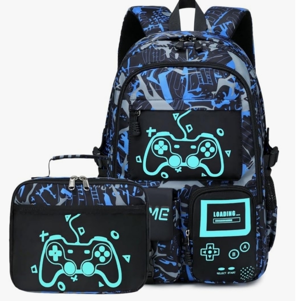 Blue and Black Gaming Backpack Set with Controller Design Glow In The Dark NWOT